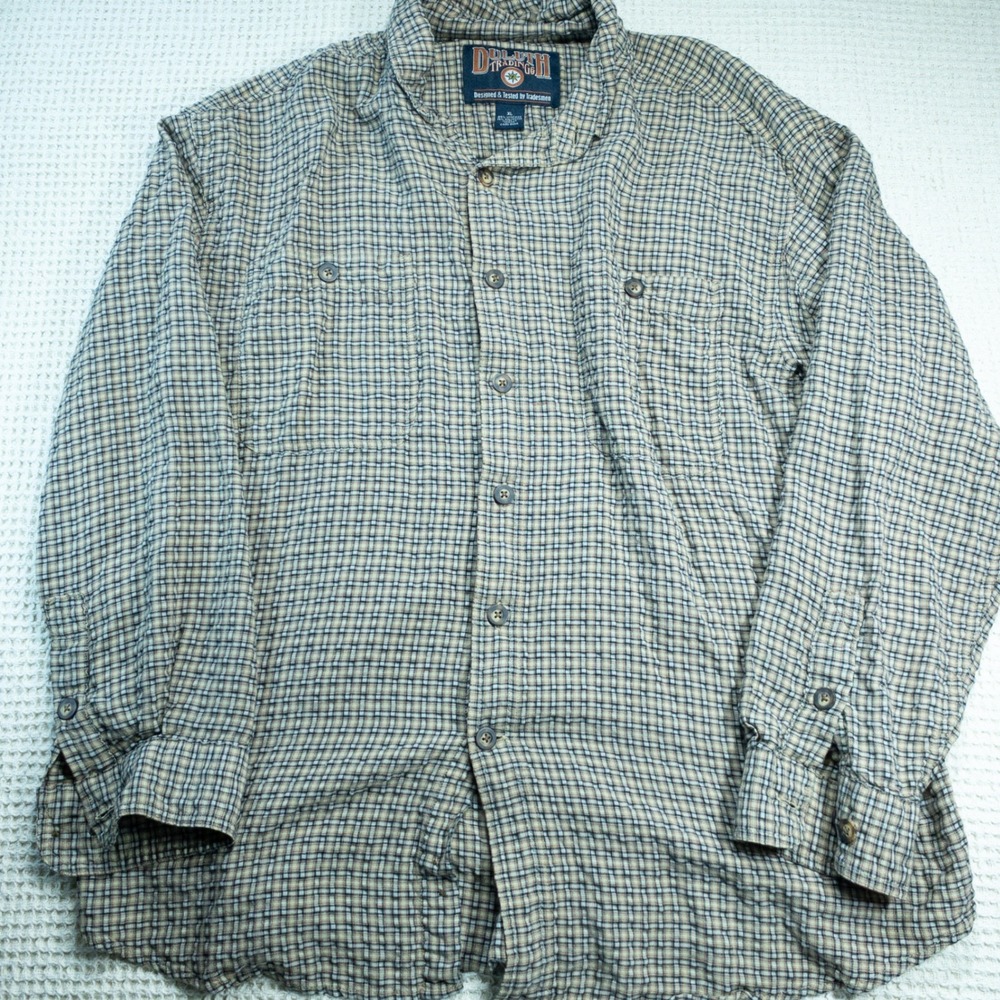 Duluth Trading Co Mens XL Plaid Button Down Shirt Viscose Blend Long Sleeve Tan